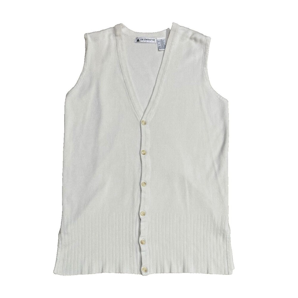 Liz Claiborne Ivory Knit Sweater Vest Button Front Sleeveless Cardigan V Neck M